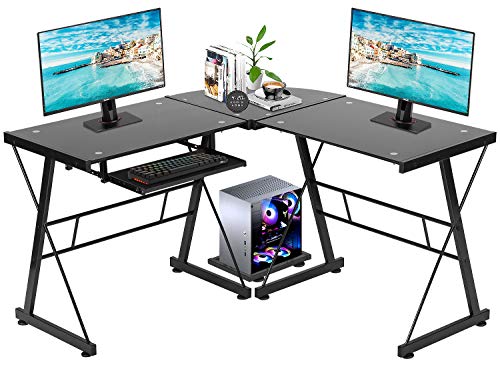 FDW Computer Desk Gaming Desk L Shaped Corner Desk Home Office Writing Workstation Toughened Glass Study Keyboard CPU Stand PC Modern Table for Small Spaces,Black