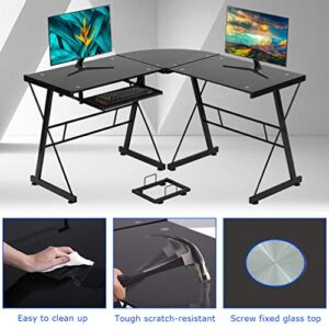 FDW Computer Desk Gaming Desk L Shaped Corner Desk Home Office Writing Workstation Toughened Glass Study Keyboard CPU Stand PC Modern Table for Small Spaces,Black