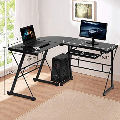 FDW Computer Desk Gaming Desk L Shaped Corner Desk Home Office Writing Workstation Toughened Glass Study Keyboard CPU Stand PC Modern Table for Small Spaces,Black