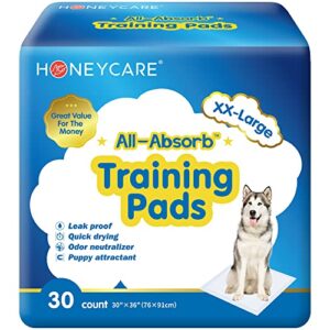 honey care all-absorb, xxl 30"x36", 30 count, dog and puppy training pads, ultra absorbent and odor eliminating, leak-proof 5-layer potty training pads with quick-dry surface, blue, a39