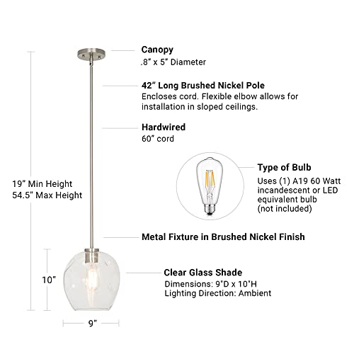 Catalina 9" Modern Clear Glass Round Mini Pendant Ceiling Light, Brushed Nickel