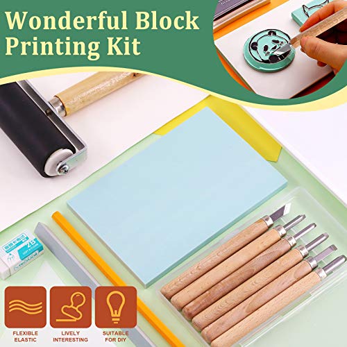 Keadic 24 Pieces Rubber Block Stamps Carving Starter Tool Kit, Comes with Stamp Block, Ink Roller, 6 Carving Tools, Tracing Papers, Pencil & Ink Mixing Tray for Stamp Carving and Printmaking