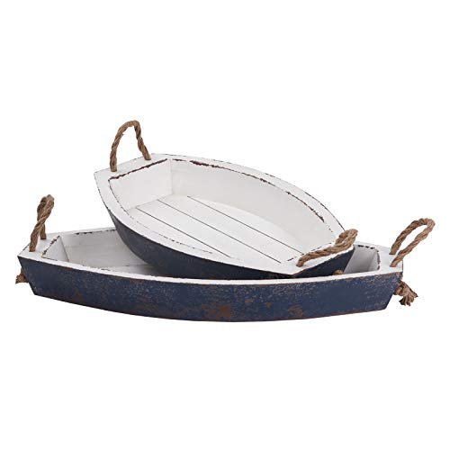 Distressed White Nesting Wood Serving Tray for Eating with Rope Handles,Set of 2 Farmhouse Handwork Boat Shaped Large Decoration Serving Trays for Party Kitchen Counter, Dining Room Coffee Table