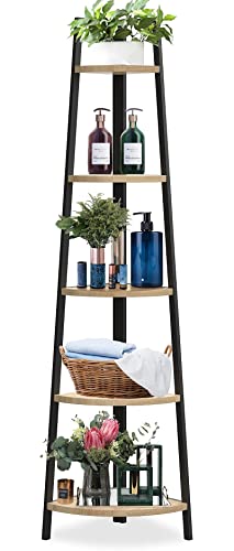 SpringSun 5-Tier Corner Ladder Wood Shelf, Display Rack Multipurpose Bookshelf and Plant Stand for Living Room and Office