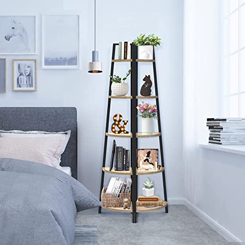 SpringSun 5-Tier Corner Ladder Wood Shelf, Display Rack Multipurpose Bookshelf and Plant Stand for Living Room and Office