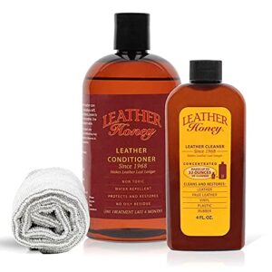 leather honey complete leather care kit including 4 oz cleaner, 16 oz conditioner and applicator cloth for use on leather apparel, furniture, auto interiors, shoes, bags and accessories