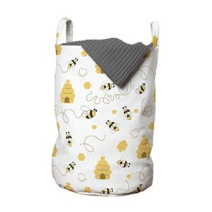 ambesonne bee laundry bag, pattern of flying bugs forming heart shapes with beehives mother nature creatures, hamper basket with handles drawstring closure for laundromats, 13" x 19", mustard white