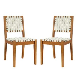 amazon brand - rivet faux leather woven dining chair with wood frame, set of 2, 22"d x 18"w x 36"h, light beige