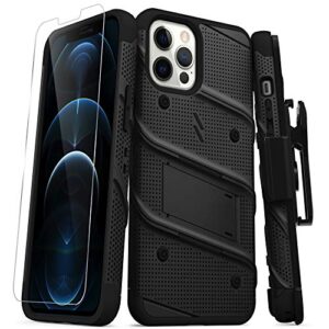zizo bolt series for iphone 12 pro max case with screen protector kickstand holster lanyard - black