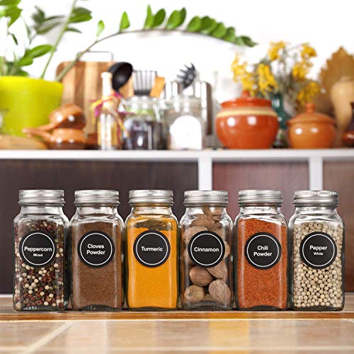 AOZITA 24 Pcs Glass Spice Jars with Spice Labels - 8oz Empty Square Spice Bottles - Shaker Lids and Airtight Metal Caps - Chalk Marker and Silicone Collapsible Funnel Included