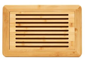 royalhouse large premium natural bamboo bread cutting board with crumb tray, bread serving tray for kitchen