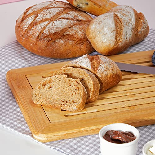 RoyalHouse Large Premium Natural Bamboo Bread Cutting Board with Crumb Tray, Bread Serving Tray for Kitchen