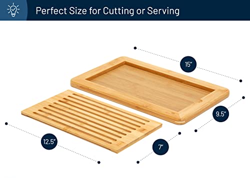 RoyalHouse Large Premium Natural Bamboo Bread Cutting Board with Crumb Tray, Bread Serving Tray for Kitchen