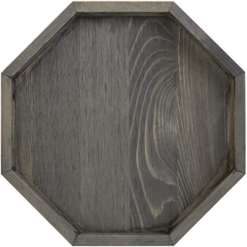 MyGift 12-Inch Vintage Gray Solid Wood Octagon Serving Tray with Cutout Handles