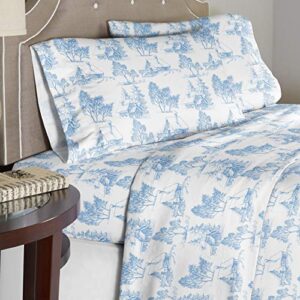 Pointehaven 180 GSM 100% Cotton Flannel Sheet Set - Queen, Scenic Toile Blue - Warm & Cozy - Pre-Shrunk -Deep Pockets - Elastic All Around-Comfy Double Brushed