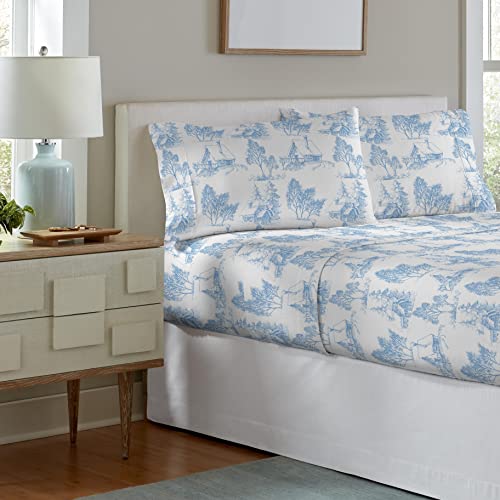 Pointehaven 180 GSM 100% Cotton Flannel Sheet Set - Queen, Scenic Toile Blue - Warm & Cozy - Pre-Shrunk -Deep Pockets - Elastic All Around-Comfy Double Brushed