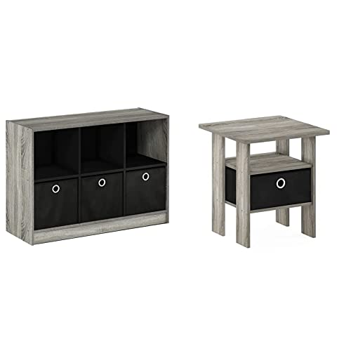 Furinno Basic 3x2 Bookcase Storage, 3" X 2", French Oak Grey/Black,99940GYW/BK & Andrey End Table/Side Table/Night Stand/Bedside Table with Bin Drawer, French Oak Grey/Black