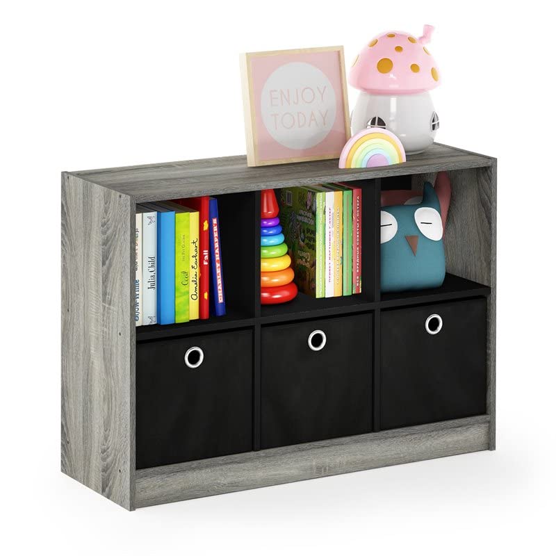 Furinno Basic 3x2 Bookcase Storage, 3" X 2", French Oak Grey/Black,99940GYW/BK & Andrey End Table/Side Table/Night Stand/Bedside Table with Bin Drawer, French Oak Grey/Black