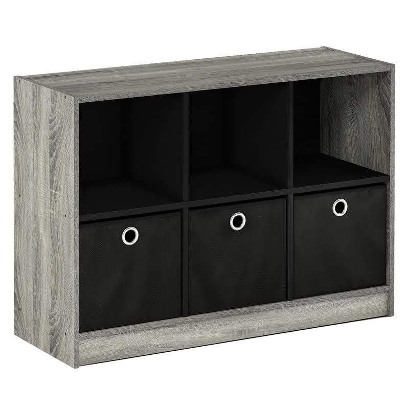 Furinno Basic 3x2 Bookcase Storage, 3" X 2", French Oak Grey/Black,99940GYW/BK & Andrey End Table/Side Table/Night Stand/Bedside Table with Bin Drawer, French Oak Grey/Black