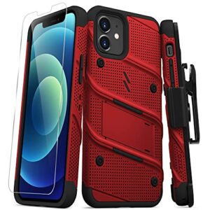 zizo bolt series for iphone 12 / iphone 12 pro case with screen protector kickstand holster lanyard - red & black