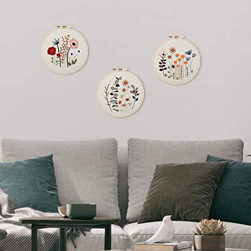 Uphome 3 Pack Embroidery Starter Kit for Beginners Stamped Cross Stitch Kits with Cute Flowers and Plants Patterns with 1 Embroidery Hoop and Color Threads for Adults Kids