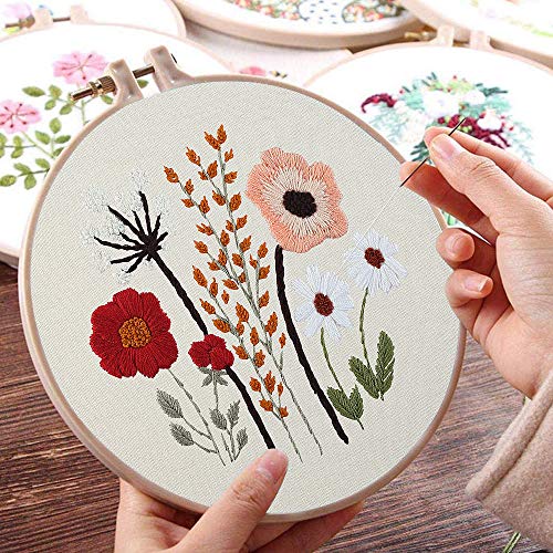 Uphome 3 Pack Embroidery Starter Kit for Beginners Stamped Cross Stitch Kits with Cute Flowers and Plants Patterns with 1 Embroidery Hoop and Color Threads for Adults Kids