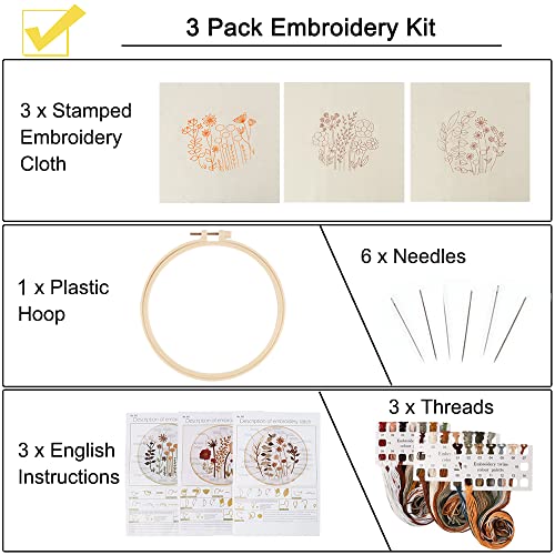 Uphome 3 Pack Embroidery Starter Kit for Beginners Stamped Cross Stitch Kits with Cute Flowers and Plants Patterns with 1 Embroidery Hoop and Color Threads for Adults Kids