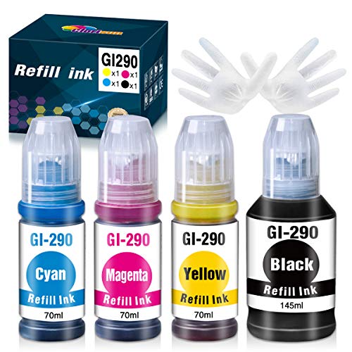 Clorisun 290 Compatible for Canon 290 GI-290 Refill Ink Bottle PIXMA G3200 PIXMA G4210 PIXMA G3202 PIXMA G4200 PIXMA G3000 G1200 G2200 G3100 G2100 G2000 Printer (4-Pack Black Cyan Magenta Yellow)