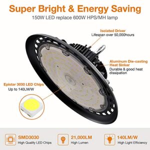 UFO LED High Bay Light 150W 21,000lm 5000K Daylight 600W HID/HPS Equivalent with US Plug 5’ Cable LED Warehouse Lights Commercial Shop Workshop Garage Factory Lowbay Area Lighting Fixture, Non-Dim