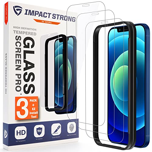 ImpactStrong Shatterproof Tempered Glass Screen Protector for iPhone 12 / iPhone 12 Pro [Easy Installation Frame] [Bubble Free] [9H Hardness] [Full Coverage] Case Friendly, 6.1 Inch - (3-Pack)