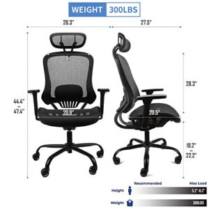 Komene Ergonomic Office Chair Mesh Computer Desk Chair Adjustable High Back Chair with 3D Armrests Lumbar Support - Swivel Drafting Chair (Black)