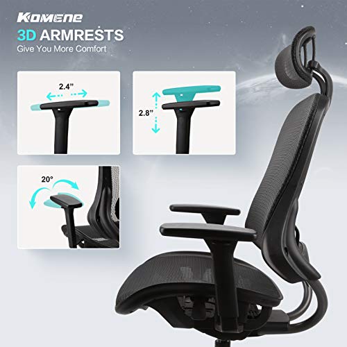 Komene Ergonomic Office Chair Mesh Computer Desk Chair Adjustable High Back Chair with 3D Armrests Lumbar Support - Swivel Drafting Chair (Black)
