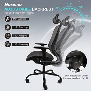 Komene Ergonomic Office Chair Mesh Computer Desk Chair Adjustable High Back Chair with 3D Armrests Lumbar Support - Swivel Drafting Chair (Black)