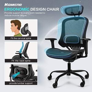 Komene Ergonomic Office Chair Mesh Computer Desk Chair Adjustable High Back Chair with 3D Armrests Lumbar Support - Swivel Drafting Chair (Black)