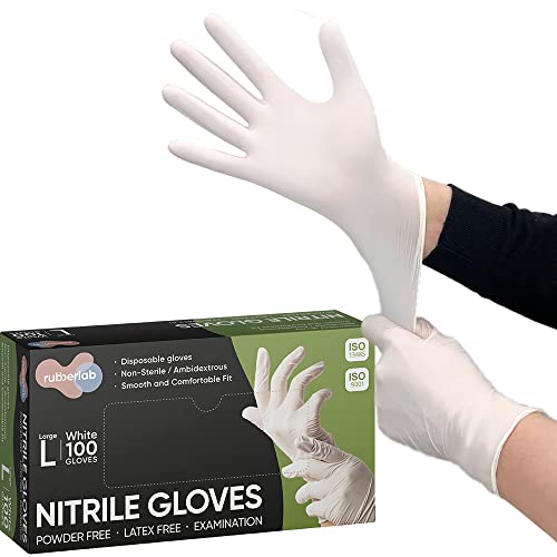 RUBBERLAB Nitrile Gloves Medical Exam Gloves, Large, White, 100 pcs, Latex&Powder Free, Food safe, 4.6g,