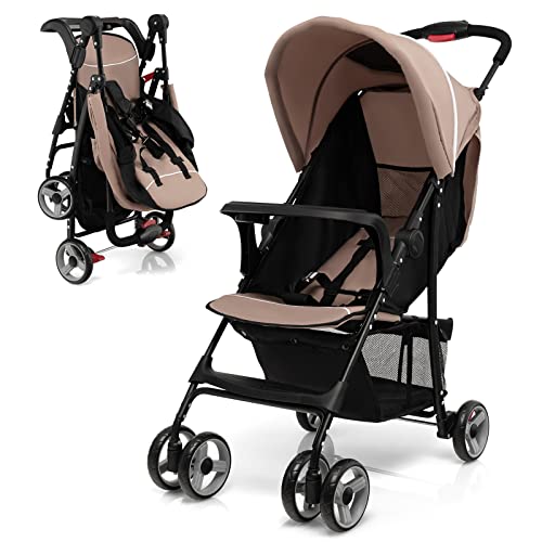 HONEY JOY Lightweight Stroller, Compact Travel Stroller for Airplane, Toddler Fold Pushchair w/Adjustable Canopy & Backrest, Storage Basket, Umbrella Stroller for Infants (Coffee)