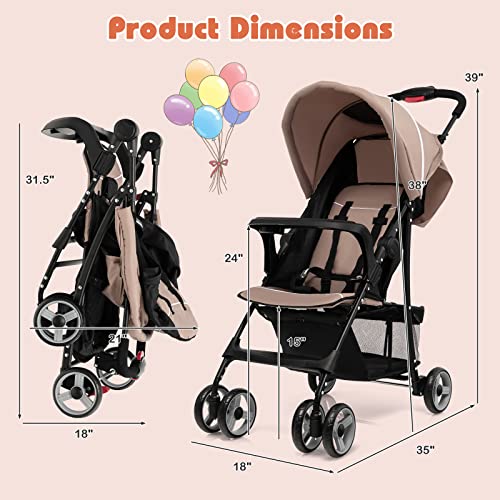 HONEY JOY Lightweight Stroller, Compact Travel Stroller for Airplane, Toddler Fold Pushchair w/Adjustable Canopy & Backrest, Storage Basket, Umbrella Stroller for Infants (Coffee)