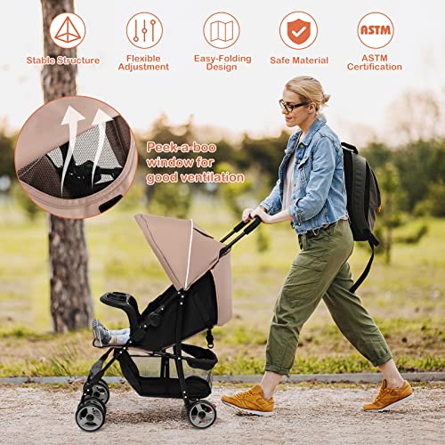 HONEY JOY Lightweight Stroller, Compact Travel Stroller for Airplane, Toddler Fold Pushchair w/Adjustable Canopy & Backrest, Storage Basket, Umbrella Stroller for Infants (Coffee)