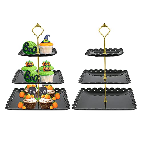 FEOOWV 2 Pcs Plastic 3 Tier Cupcake Stand, Black Fruits Desserts Candy Buffet Display Plate for Home Tea Party, Wedding, Halloween,Baby Shower Birthday Party (Square)