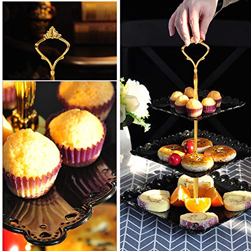 FEOOWV 2 Pcs Plastic 3 Tier Cupcake Stand, Black Fruits Desserts Candy Buffet Display Plate for Home Tea Party, Wedding, Halloween,Baby Shower Birthday Party (Square)