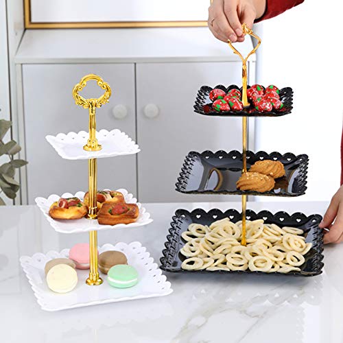 FEOOWV 2 Pcs Plastic 3 Tier Cupcake Stand, Black Fruits Desserts Candy Buffet Display Plate for Home Tea Party, Wedding, Halloween,Baby Shower Birthday Party (Square)