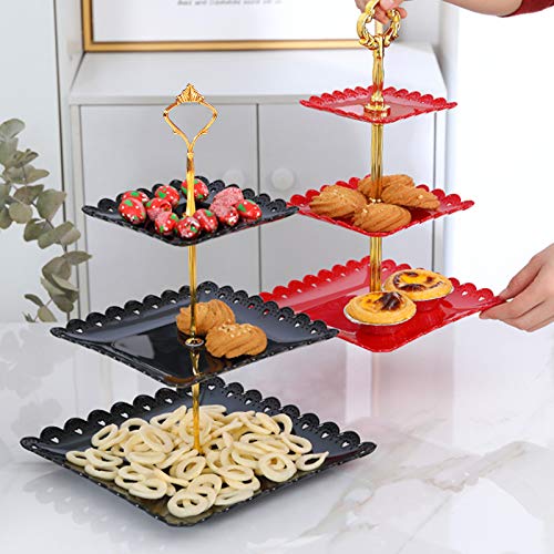 FEOOWV 2 Pcs Plastic 3 Tier Cupcake Stand, Black Fruits Desserts Candy Buffet Display Plate for Home Tea Party, Wedding, Halloween,Baby Shower Birthday Party (Square)