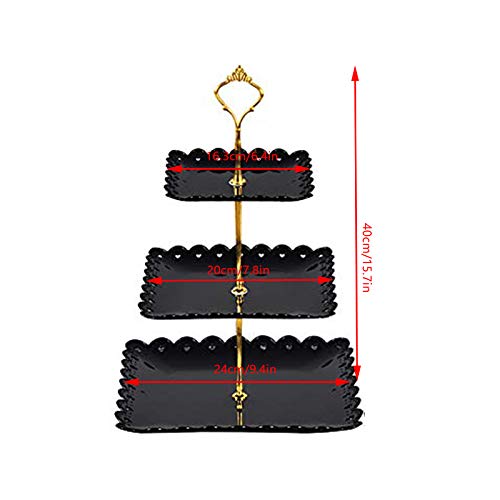 FEOOWV 2 Pcs Plastic 3 Tier Cupcake Stand, Black Fruits Desserts Candy Buffet Display Plate for Home Tea Party, Wedding, Halloween,Baby Shower Birthday Party (Square)