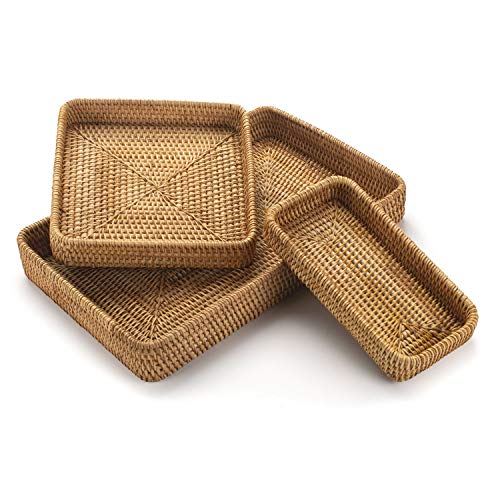 Rattan Serving Tray, Rectangular Woven Tray, Natural Wicker Decorative Serving Baskets for Organizing Tabletop Bathroom Kitchen Counter (Natural)