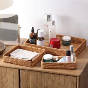 Rattan Serving Tray, Rectangular Woven Tray, Natural Wicker Decorative Serving Baskets for Organizing Tabletop Bathroom Kitchen Counter (Natural)