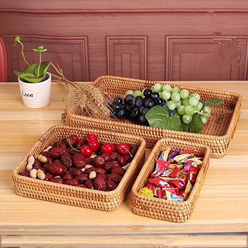 Rattan Serving Tray, Rectangular Woven Tray, Natural Wicker Decorative Serving Baskets for Organizing Tabletop Bathroom Kitchen Counter (Natural)