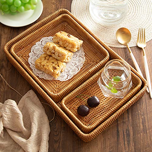 Rattan Serving Tray, Rectangular Woven Tray, Natural Wicker Decorative Serving Baskets for Organizing Tabletop Bathroom Kitchen Counter (Natural)