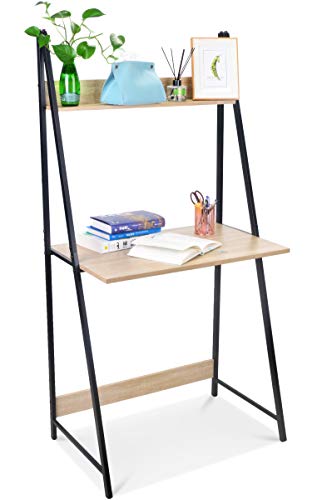 SpringSun 2-Tier Ladder Computer Desk with Storage Bookshelf, Modern Writting Table for Office and Home