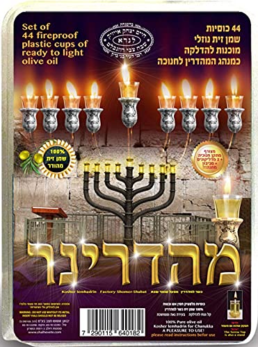 Shalhevet Light Mehadriner Edible Pre Filled Cups Olive Oil Hanukah Chanukah Menora 44 Filled Cups 2.5 Hour Burn Time