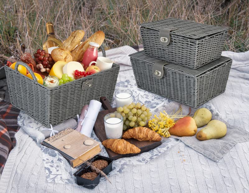 Woven Storage Basket Bin Wicker Hamper Stackable Box with Lid, Wicker Shelf Baskets Bin for Laundry Room Organizer, Set of 3 Wicker Storage Basket with Handle for Picnic, BBQ,Nursery, Baby Toiletry, Diaper, Toys